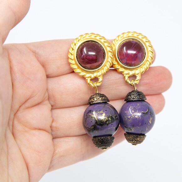 Leslie Block Vintage Clip-On Earrings – Gold & Purple Statement Dangle Signed - Picture 12 of 13